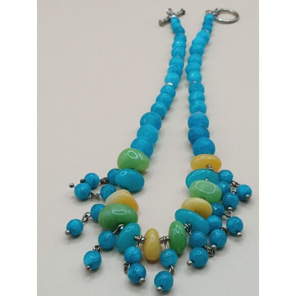 Natural Dandelion Yellow/Green Aventurine w Blue Crackle Quartz Beads Necklace - Picture 6 of 12